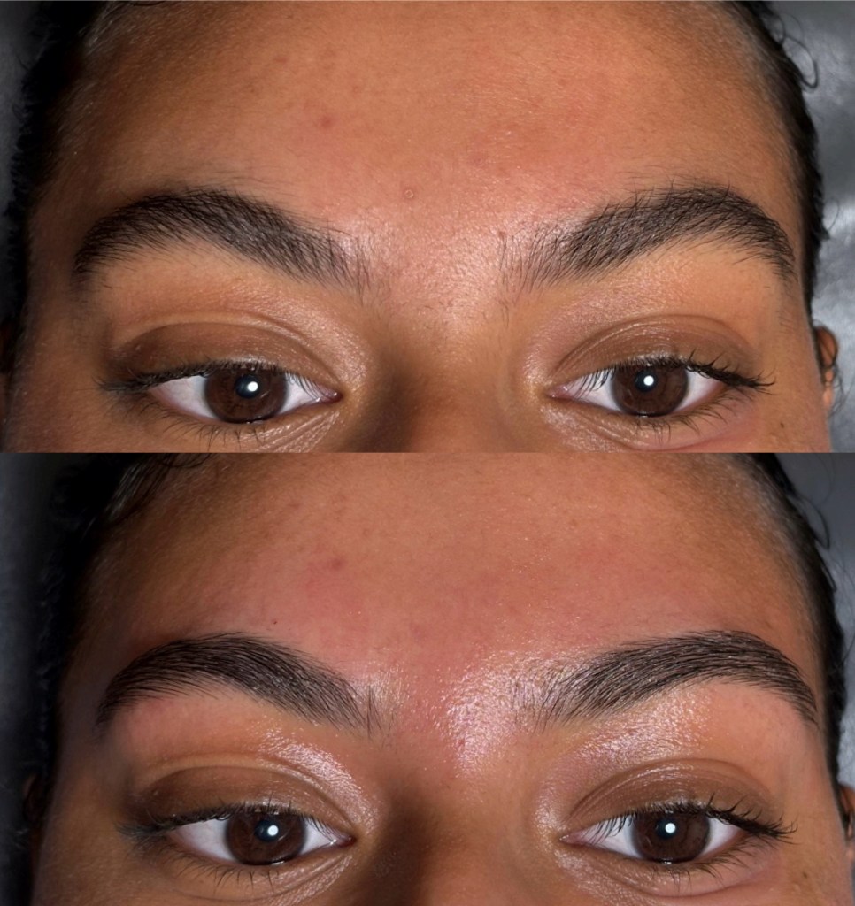 Close up before and after results of brow waxing treatment by an esthetician in Crawfordville, FL. Service included skin prep, wax temperature check, and brow mapping and shaping.