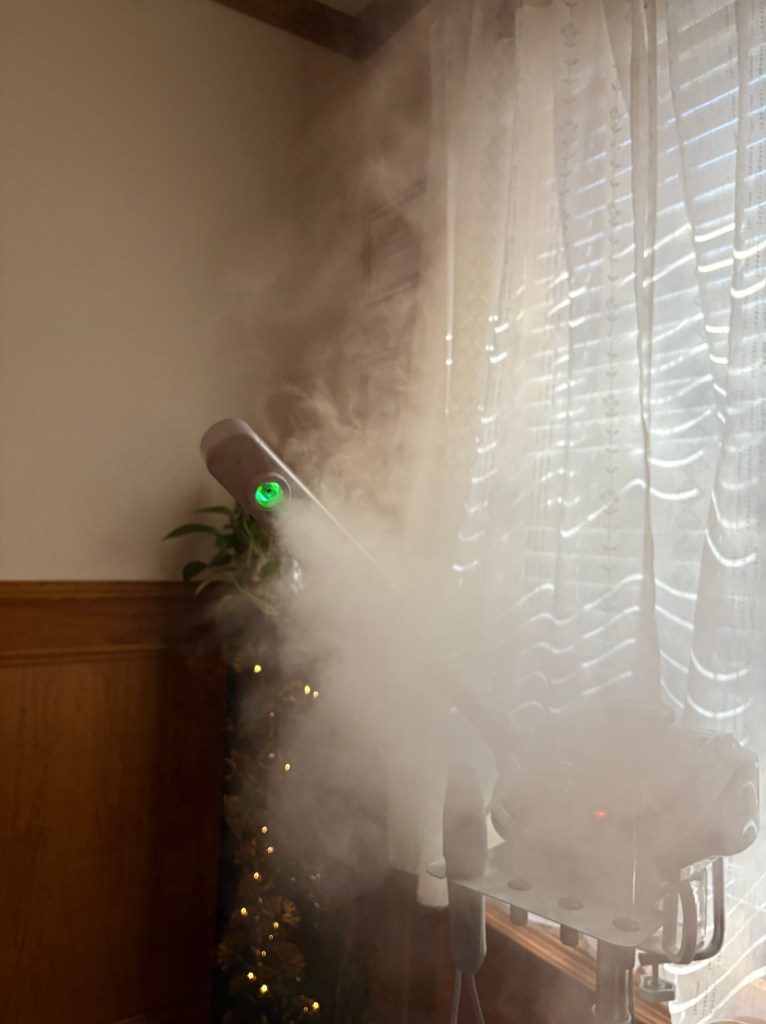 Steam in the facial room from skincare steamer. Helping to open pores, loosen impurities, and promoting glowing skin. I always use steam facials where we will be doing extractions. It helps open the pores so white heads and black heads slide out easier making it more comfortable for the client.